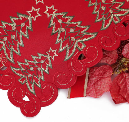 Red Christmas Placemats - 13 X 19 Inch Set of 4, Embroidered Cutwork with Green Christmas Tree and Gifts, Holiday Placemats for Xmas Party Kitchen Decor
