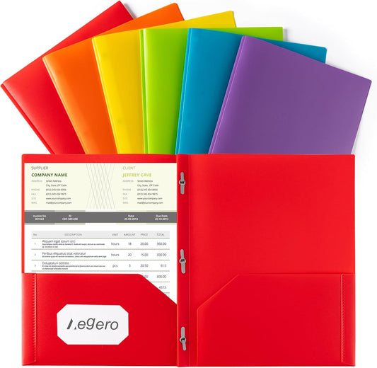 Folders with Pockets and Prong with Fasteners (6 Pack, Assorted Colors),Durable Plastic Pocket Folders with Prongs,Tear Resistant,2 Pocket 3 Prong Folders for Schoolwork & Office,Letter Size