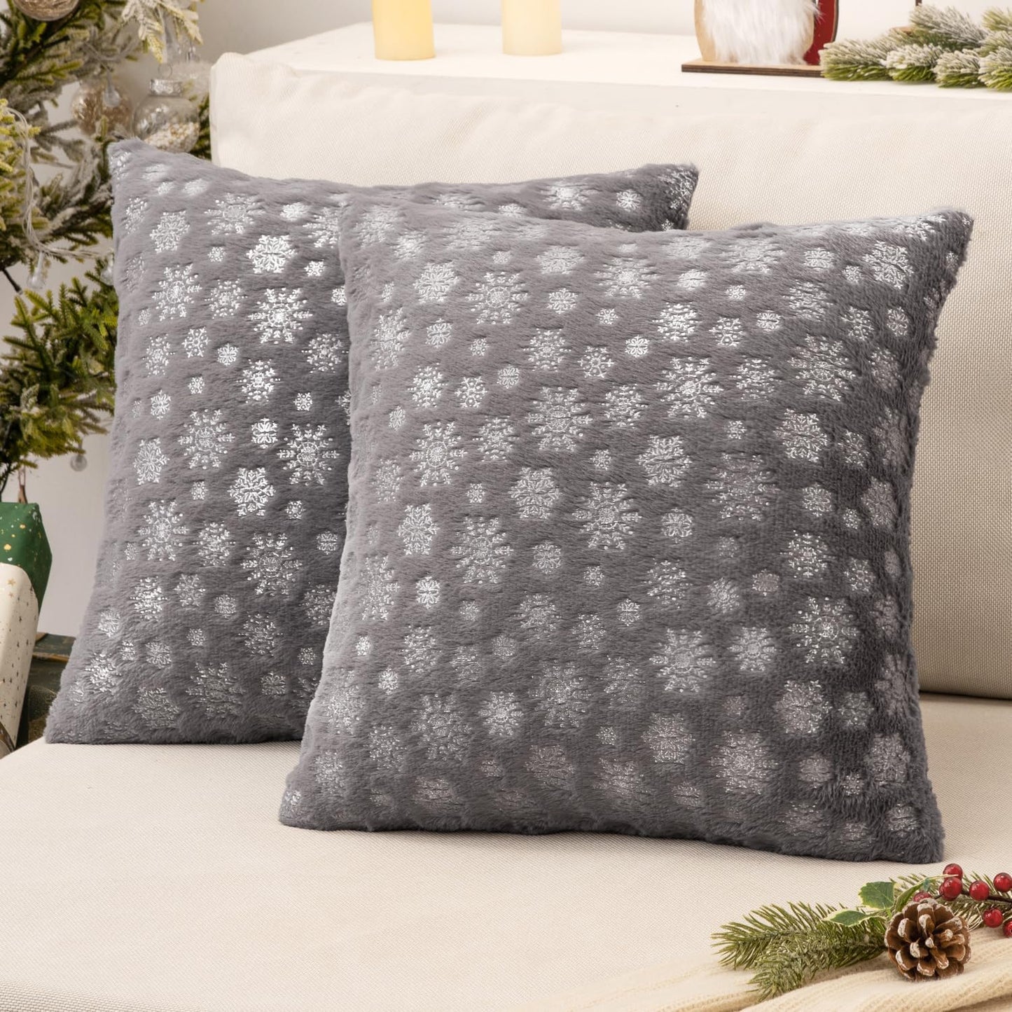 Christmas Grey Throw Pillow Covers Set of 2 Snowflakes Decorative Winter Couch Pillowcases 18×18 Inch Soft Plush Faux Fur Farmhouse Home Holiday Festival Decors for Sofa Living Room Bed