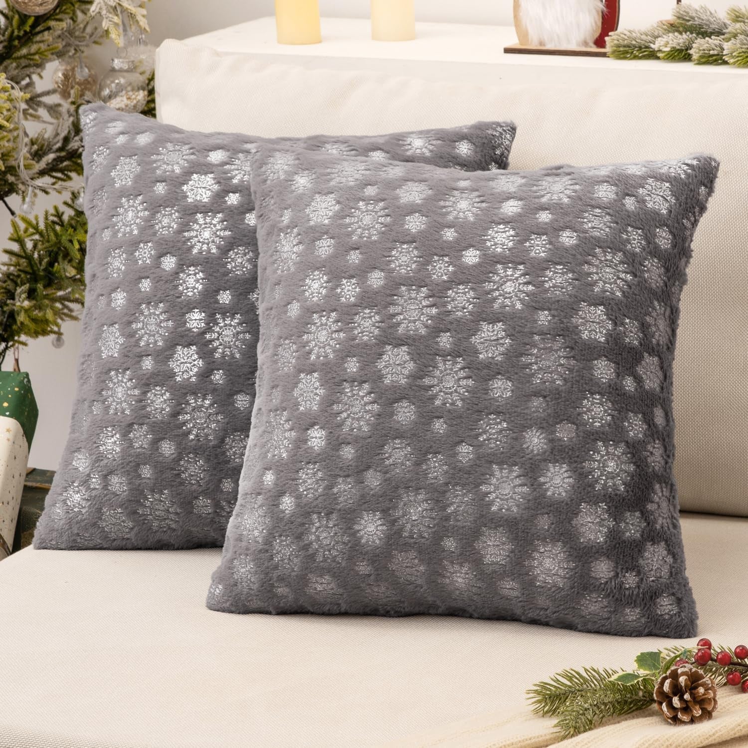 Christmas Grey Throw Pillow Covers Set of 2 Snowflakes Decorative Winter Couch Pillowcases 18×18 Inch Soft Plush Faux Fur Farmhouse Home Holiday Festival Decors for Sofa Living Room Bed