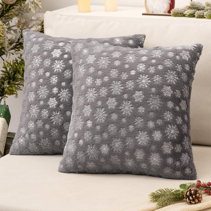 Christmas Grey Throw Pillow Covers Set of 2 Snowflakes Decorative Winter Couch Pillowcases 18×18 Inch Soft Plush Faux Fur Farmhouse Home Holiday Festival Decors for Sofa Living Room Bed