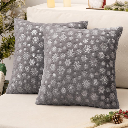 Christmas Grey Throw Pillow Covers Set of 2 Snowflakes Decorative Winter Couch Pillowcases 18×18 Inch Soft Plush Faux Fur Farmhouse Home Holiday Festival Decors for Sofa Living Room Bed