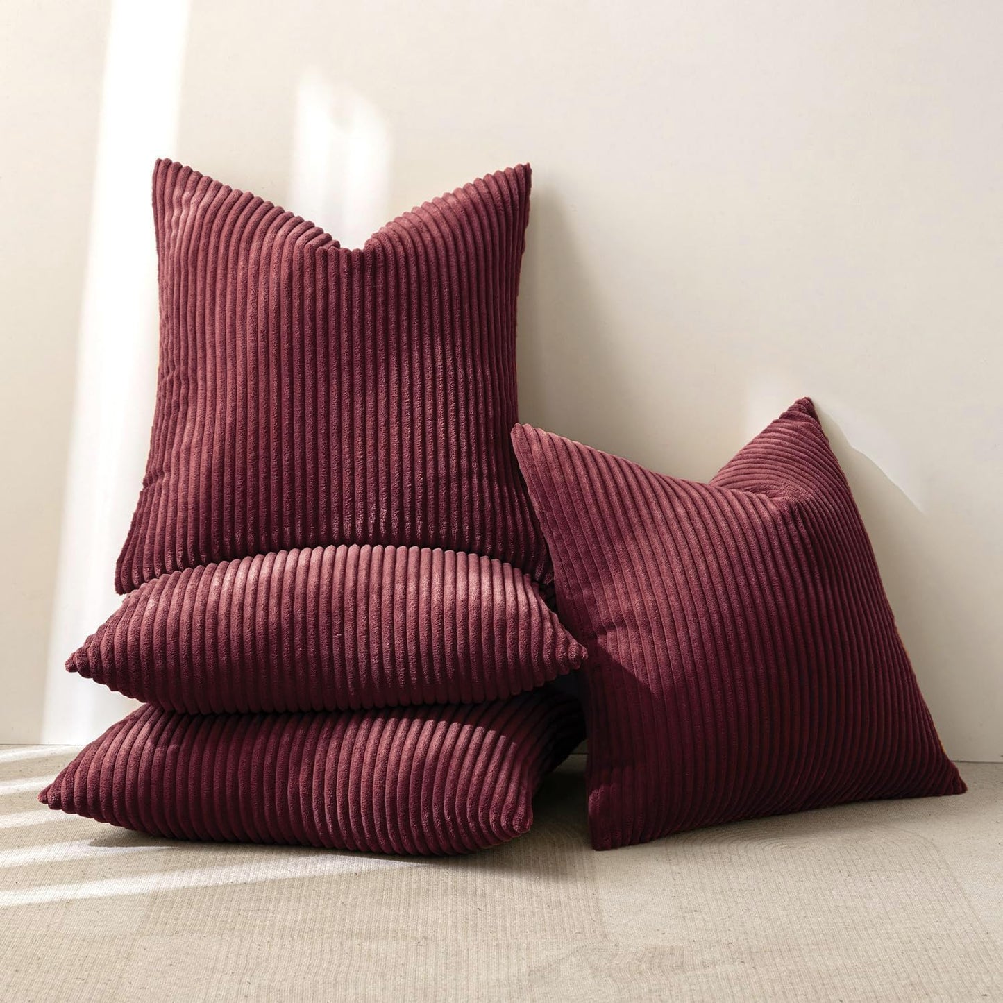 Boho Farmhouse Throw Pillow Covers 16X16 Inch Set of 4 Mordern Nordic Cushion Covers Soft Corduroy Christmas Home Decor for Couch Bed Sofa Living Room Burgundy