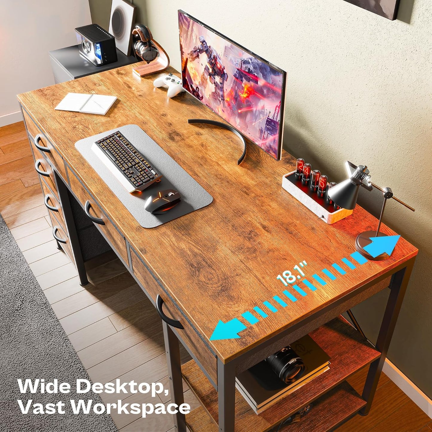 47-Inch Rustic Brown Computer Desk with 6 Drawers and Shelves, Reversible Corner Gaming Desk for Home Office, Study, and Living Room