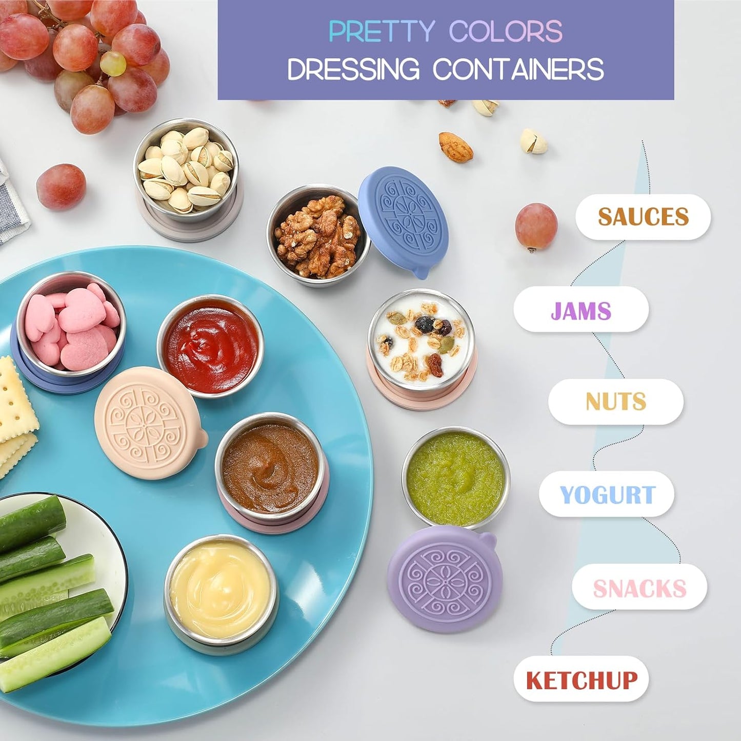 [6 Pack] Salad Dressing Container to Go, 1.6 Oz Small Condiment Containers with Lids, Reusable Stainless Steel Sauce Cups , Leakproof Silicone Lids for Lunch Bento Box, Picnic and Travel