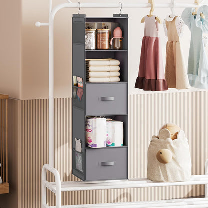 Hanging Closet Organizer, 5 Tier Hanging Closet Shelves with Drawers and 6 Side Pockets, Grey