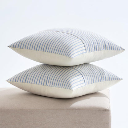 Light Blue and Beige Patchwork Farmhouse Pillow Covers 18X18 Inch, Pack of 2 Striped Linen Spring Decorative Modern Accent Pillow Cases for Sofa Couch Bedroom