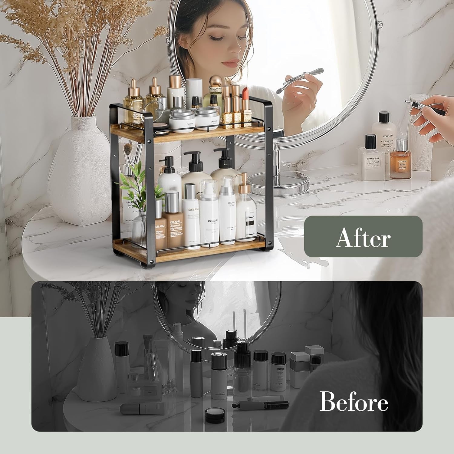 2-Tier Bathroom Counter Organizer, Wood Vanity Organizer Countertop for Skincare & Makeup, Multi-Purpose Vanity Bathroom Shelf for Coffee Station Kitchen Storage and Organization