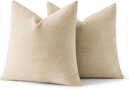 Pack of 2 Decorative Throw Pillow Covers Soft Chenille Throw Pillows Solid Textured Cushion Covers for Couch Sofa Bedroom Living Room 18X18 Inch, Beige