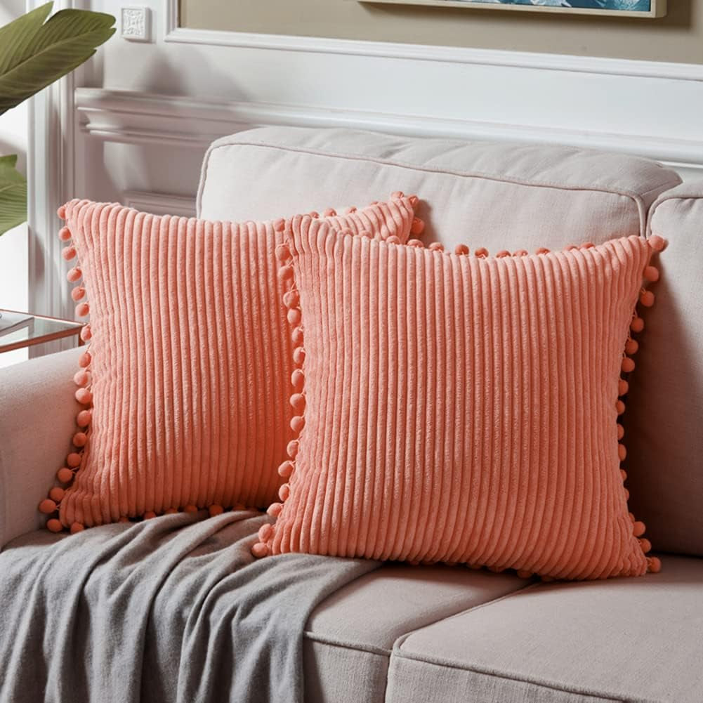 Pack of 2 Coral Decorative Throw Pillow Covers 18X18 Inch with Pom-Poms for Living Room Couch Bedroom, Soft Corduroy Peach Solid Square Cushion Case 45X45 Cm, Rustic Farmhouse Home Decor