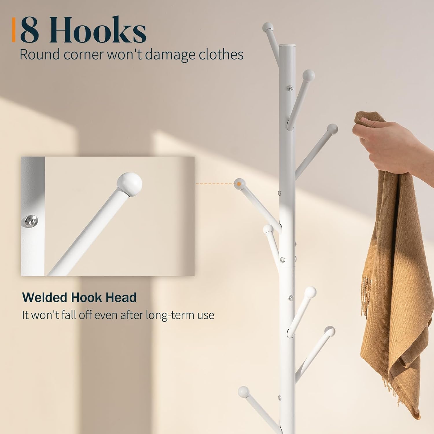 Coat Rack Freestanding with Natural Marble Base, Coat Tree with 8 Hooks Heavy Duty Coat Hanger Stand, Metal Coat Rack Stand for Jacket, Hat, Clothes & Bag, Hall Tree Hat Rack for Entryway