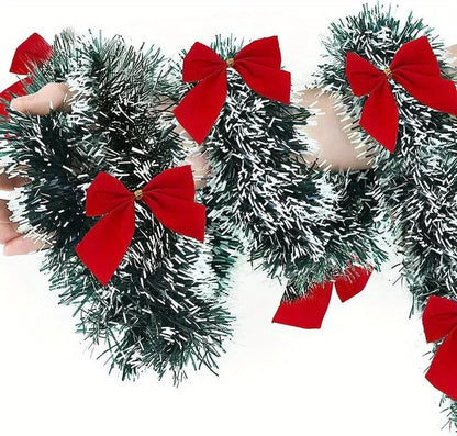 5M Christmas Tinsel Garland Christmas Tree Decorations Silver Foil Tinsel Garland Metallic Hanging Garland for New Year Party Holiday (Green W/Red Bow-16Ft (No Lights))