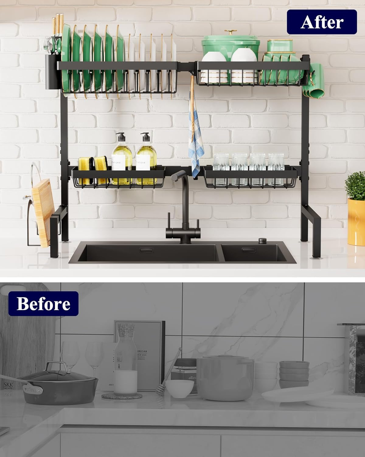 over the Sink Dish Drying Rack - 30.0" to 33.9" X 21.5", Adjustable Sink Drying Rack for Kitchen Sink with Multifunctional Baskets, Black