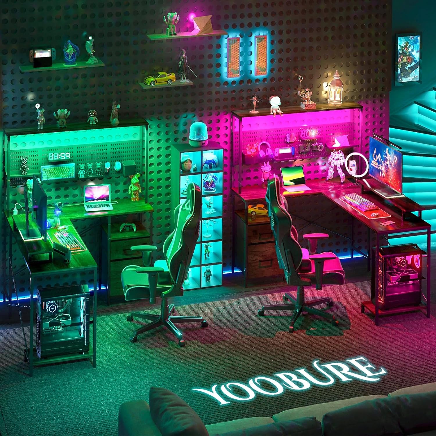 L Shaped Gaming Desk with Pegboard, Reversible Computer Desk with Drawers & Storage Shelves, LED Lights & Power Outlets, Office Desk with Monitor Stand Corner Desk Home Office Desks