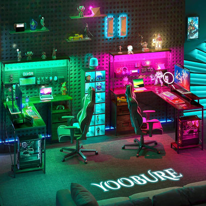 L Shaped Gaming Desk with Pegboard, Reversible Computer Desk with Drawers & Storage Shelves, LED Lights & Power Outlets, Office Desk with Monitor Stand Corner Desk Home Office Desks