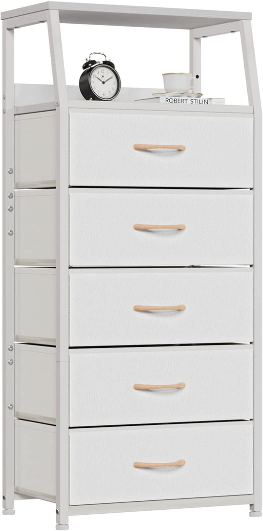 Elegant White 5-Drawer Vertical Fabric Dresser for Bedroom, Hallway, Nursery, and Closet Organization with Sturdy Steel Frame and Wood Top
