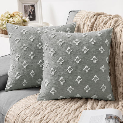 Set of 2 Decorative Throw Pillow Covers Rhombic Jacquard Pillowcase Soft Square Cushion Case for Couch Sofa Bed Bedroom Living Room, 18X18 Inch, Light Grey