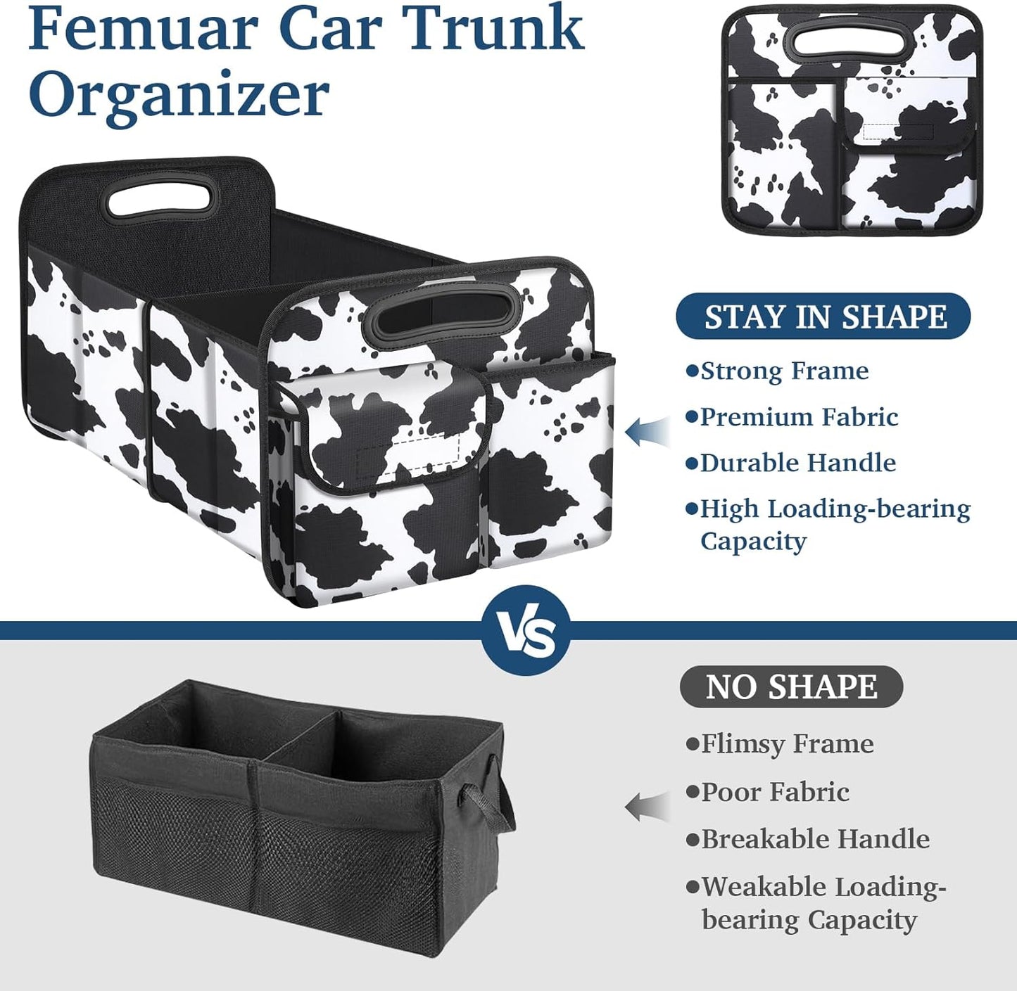 Car Trunk Organizer, Cow Print, Vintage Style, 52L Capacity, 4 Compartments, Waterproof, Non-Slip, Collapsible, 22.5"D X 18"W X 10.8"H