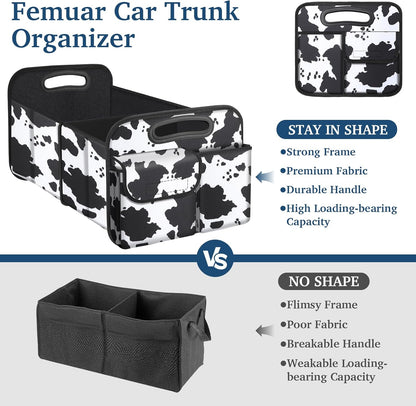 Car Trunk Organizer, Cow Print, Vintage Style, 52L Capacity, 4 Compartments, Waterproof, Non-Slip, Collapsible, 22.5"D X 18"W X 10.8"H