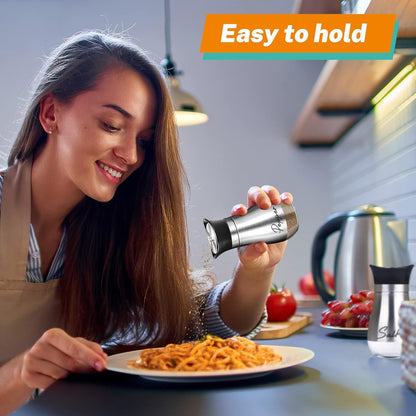 Salt and Pepper Shakers Set with Holder,4 Oz Stainless Steel Salt Shaker with Glass Bottom Kitchen Gadgets for Counter Modern Decor Table,Rv,Camp,Bbq Refillable Design (Silver)