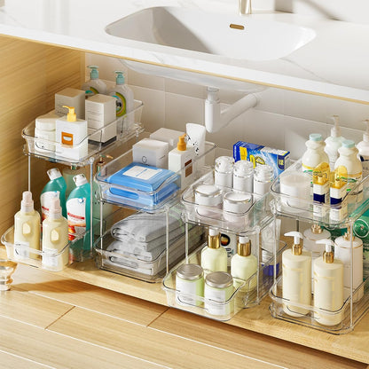 4 Pack Bathroom Organizers and Storage, 2 Tier Clear under Sink Organizer, Pull Out Medicine Cabinet Organizer