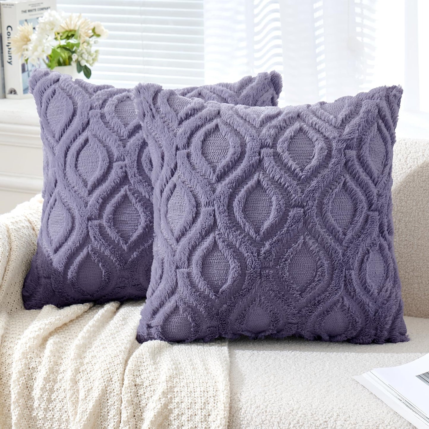 Blue Purple Throw Pillow Covers 18X18 Inch, Soft Winter Plush Faux Wool Couch Pillow Covers Set of 2 Decorative Farmhouse Boho Throw Pillows for Sofa Living Room Bed