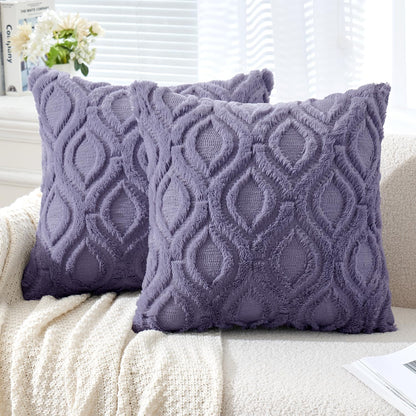 Blue Purple Throw Pillow Covers 18X18 Inch, Soft Winter Plush Faux Wool Couch Pillow Covers Set of 2 Decorative Farmhouse Boho Throw Pillows for Sofa Living Room Bed