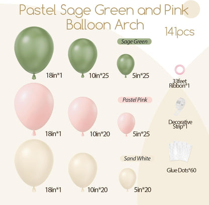 141Pcs Pink and Green Balloon Arch Garland Kit with Sage Green Pastel Pink Sand White Balloons for Birthday Bridal Shower Party Boho Baby in Bloom Baby Shower Decorations