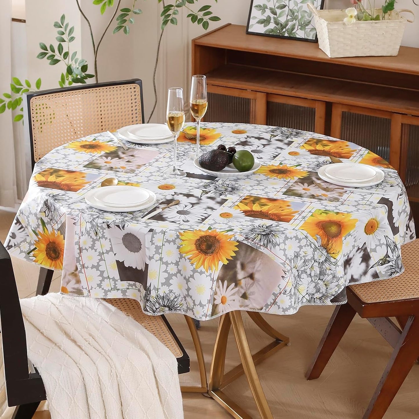 Round Vinyl Tablecloth with Flannel Backing Waterproof Oil-Proof PVC Table Cloth Stain-Resistant Wipeable Table Cover for round Table(48" Round)