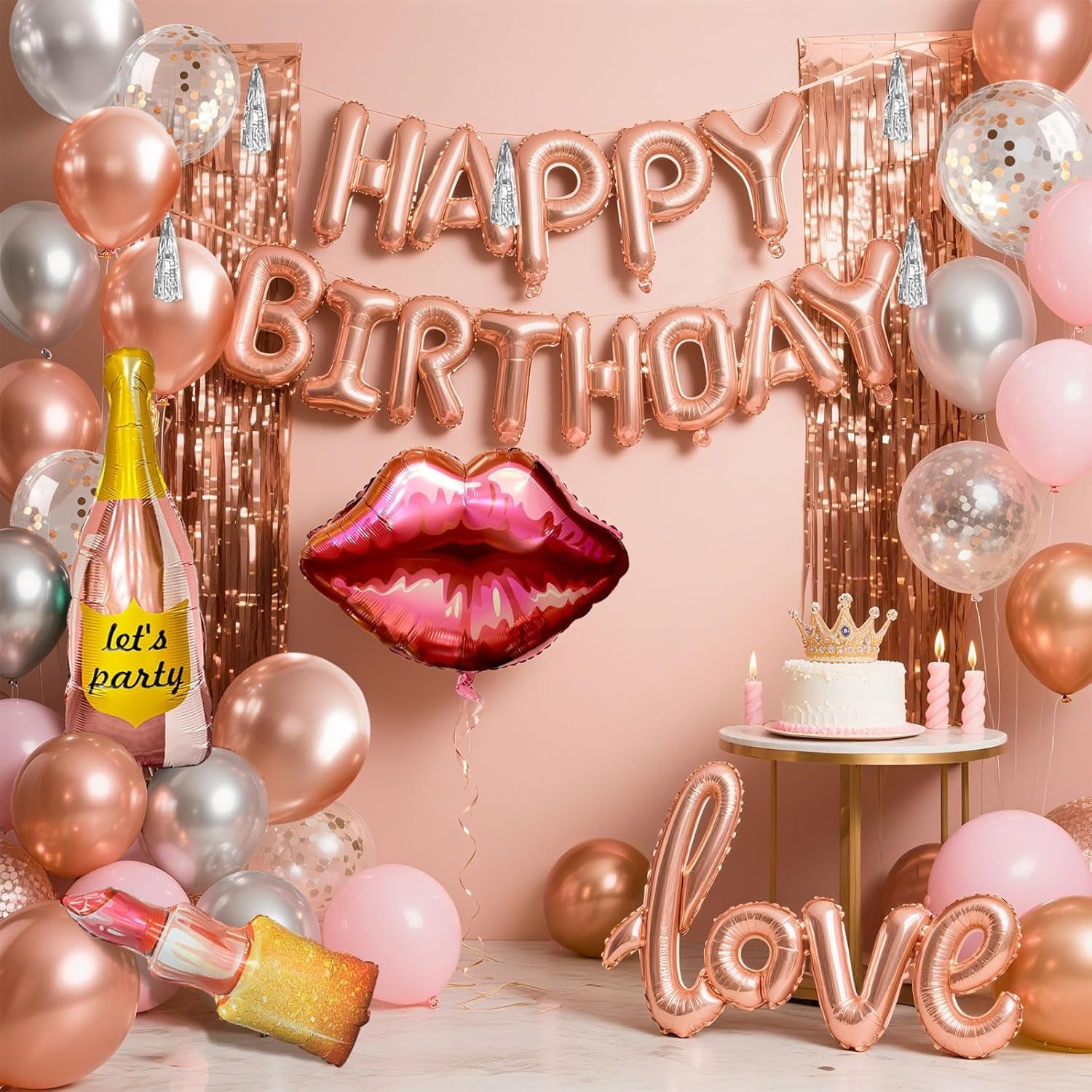 Rose Gold Birthday Decorations for Girls - Happy Birthday Banner, Fringe Backdrop, Rose Gold Balloons, Foil Letters Balloons, Decoracion De Cumpleaños Para Mujer for 13Th,18Th,21St,30Th,40Th,50Th