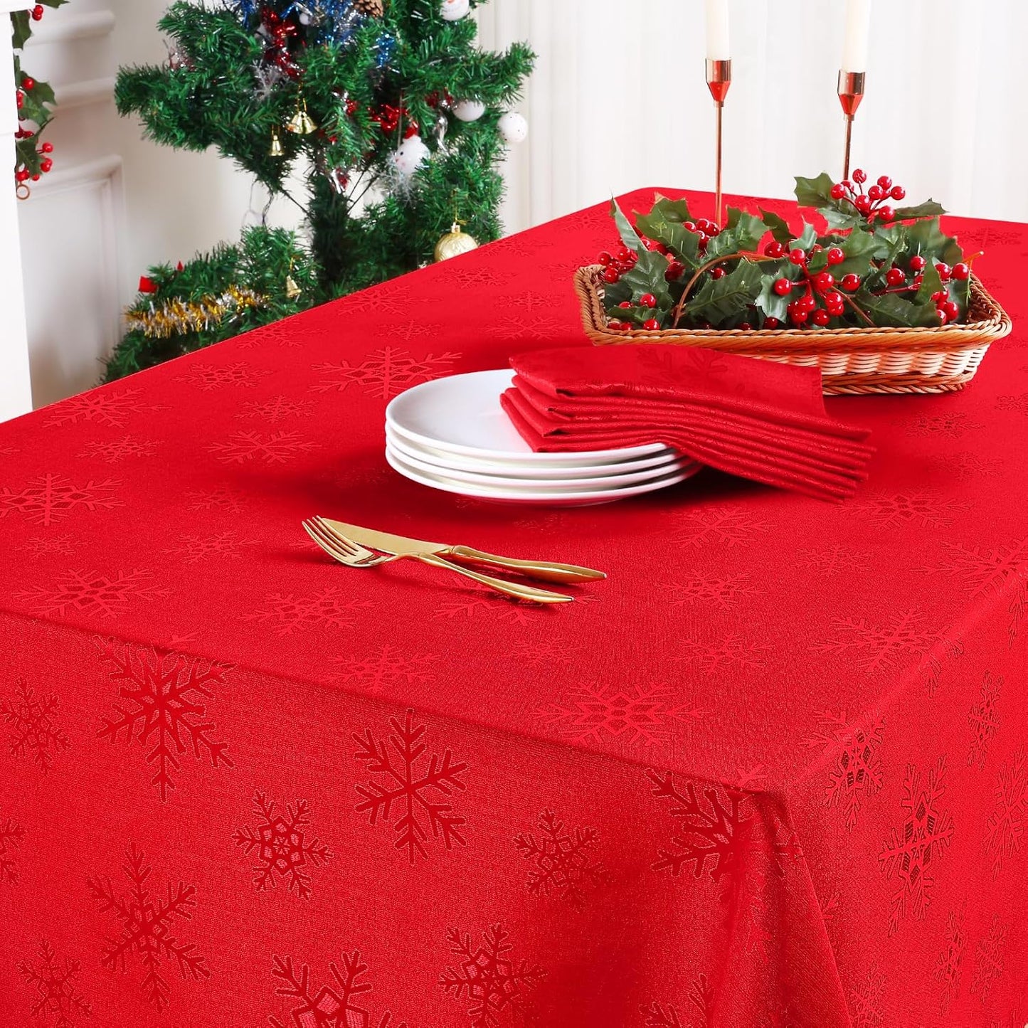 Rectangle Christmas Tablecloth 60X84 Inch, Waterproof Damask Table Cloth, Snowflake Patterns Fabric Table Covers for Christmas Dinner, and New Year Celebration, Red