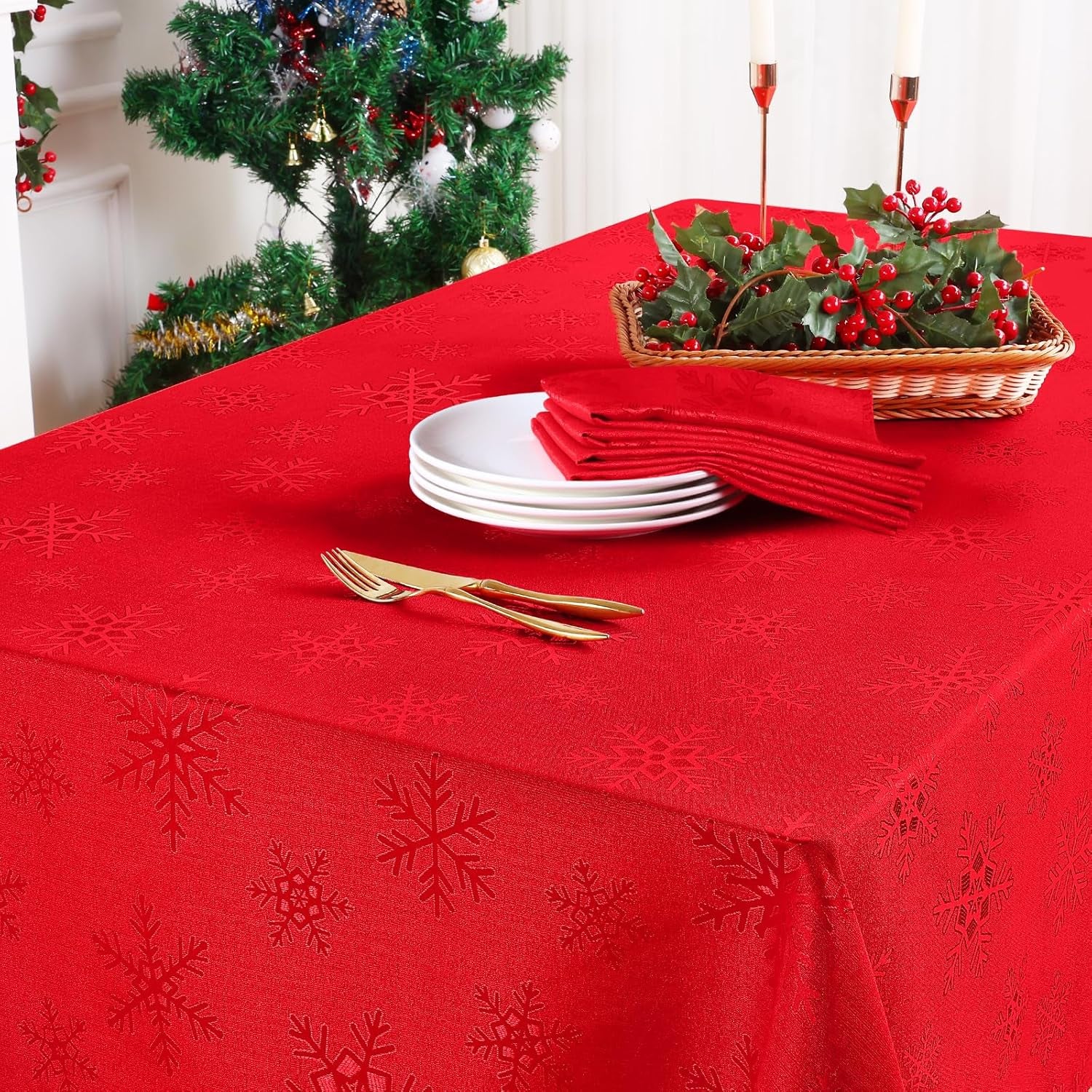 Rectangle Christmas Tablecloth 60X84 Inch, Waterproof Damask Table Cloth, Snowflake Patterns Fabric Table Covers for Christmas Dinner, and New Year Celebration, Red