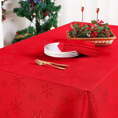 Rectangle Christmas Tablecloth 60X84 Inch, Waterproof Damask Table Cloth, Snowflake Patterns Fabric Table Covers for Christmas Dinner, and New Year Celebration, Red