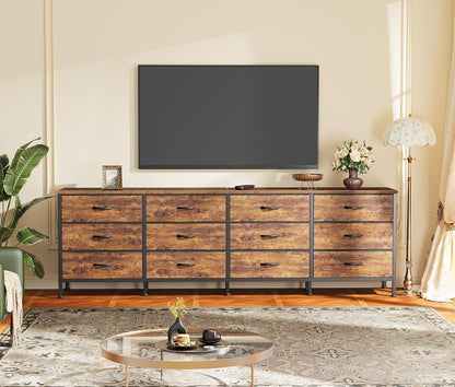 70-Inch Rustic Brown Dresser and TV Stand for 65, 75, and 80-Inch TVs, Featuring 12 Fabric Drawers and Ample Storage for Bedroom Entertainment Centers