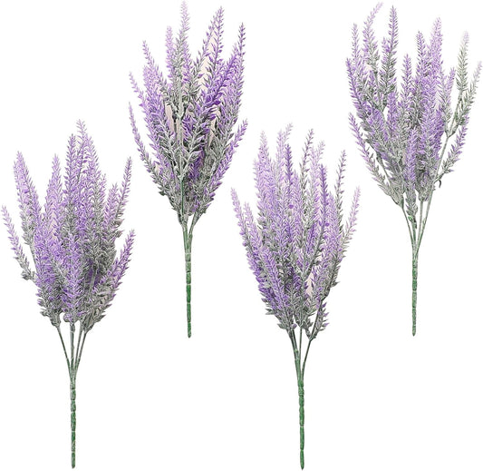 Artificial Purple Lavender - Set of 4 Flocked Faux Lilac Flowers for Wedding Bouquets, DIY Table Centerpieces, and Floral Arrangements