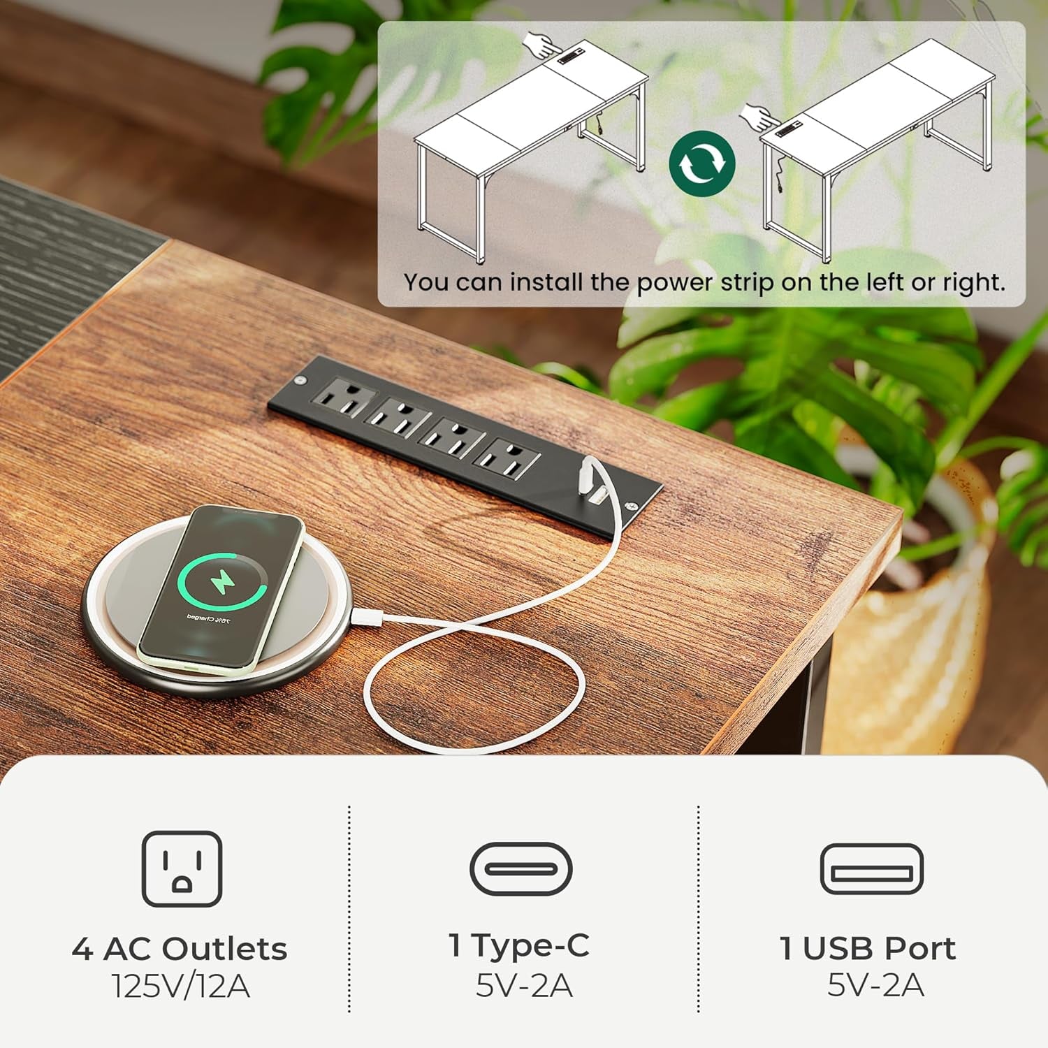 63" x 24" Heavy-Duty Computer Desk with Power Outlets & USB-C, Enhanced Desktop Thickness, Sturdy Metal Frame, Ideal for Home Office and Gaming, Rustic Brown and Black Finish