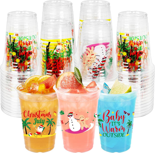 50 Pcs July Christmas Plastic Cups, 14 Oz Xmas in July Party Decorations, Santa Summer Christmas Disposable Plastic Cups, Clear Cup for Tropical Beach Bbqs Summer Hawaiian Party Supplies
