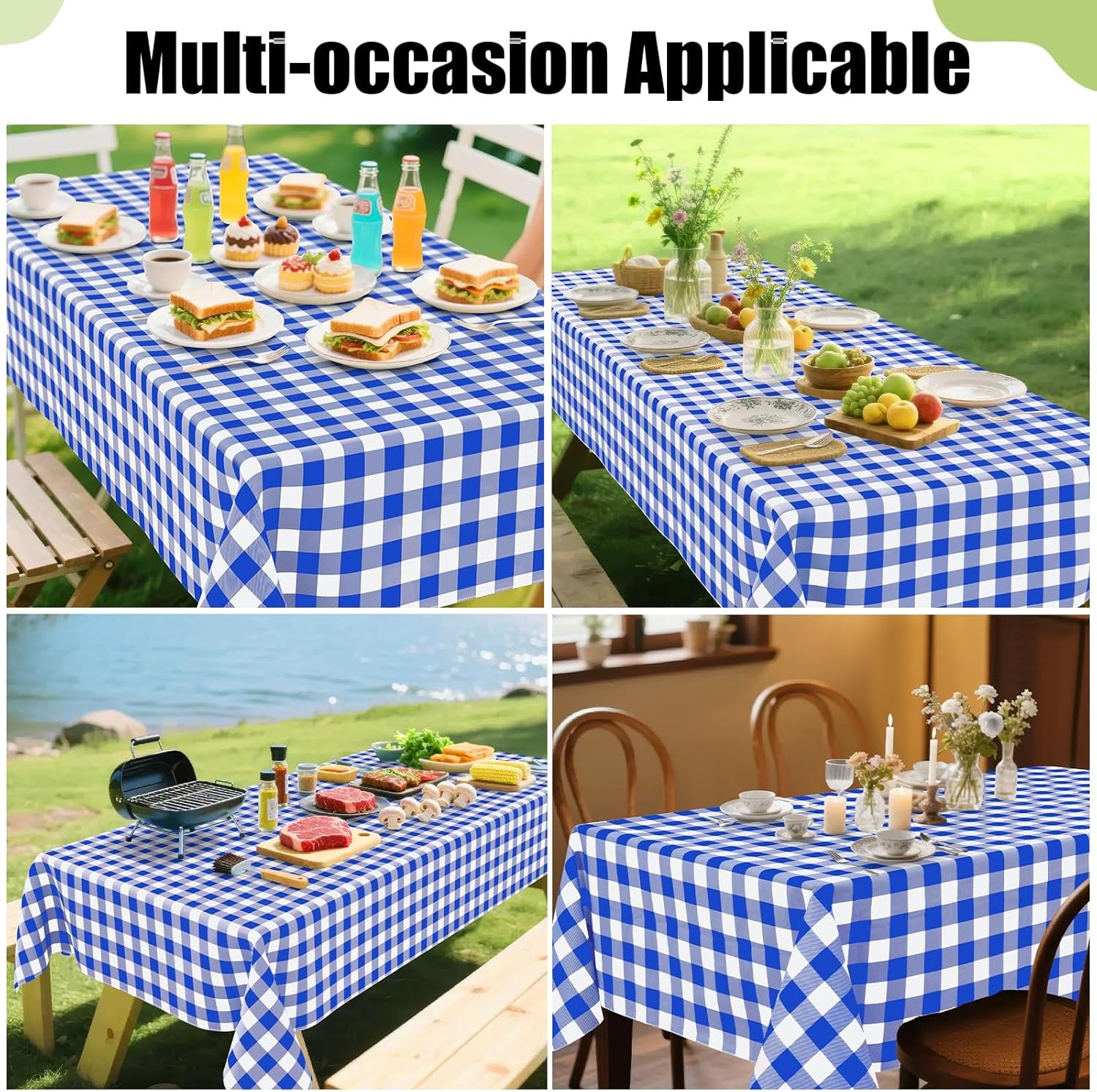 Waterproof Vinyl Rectangle Tablecloth with Flannel Backing, Wipeable Buffalo Plaid Design for Indoor and Outdoor Dining, Blue & White, 60" x 84