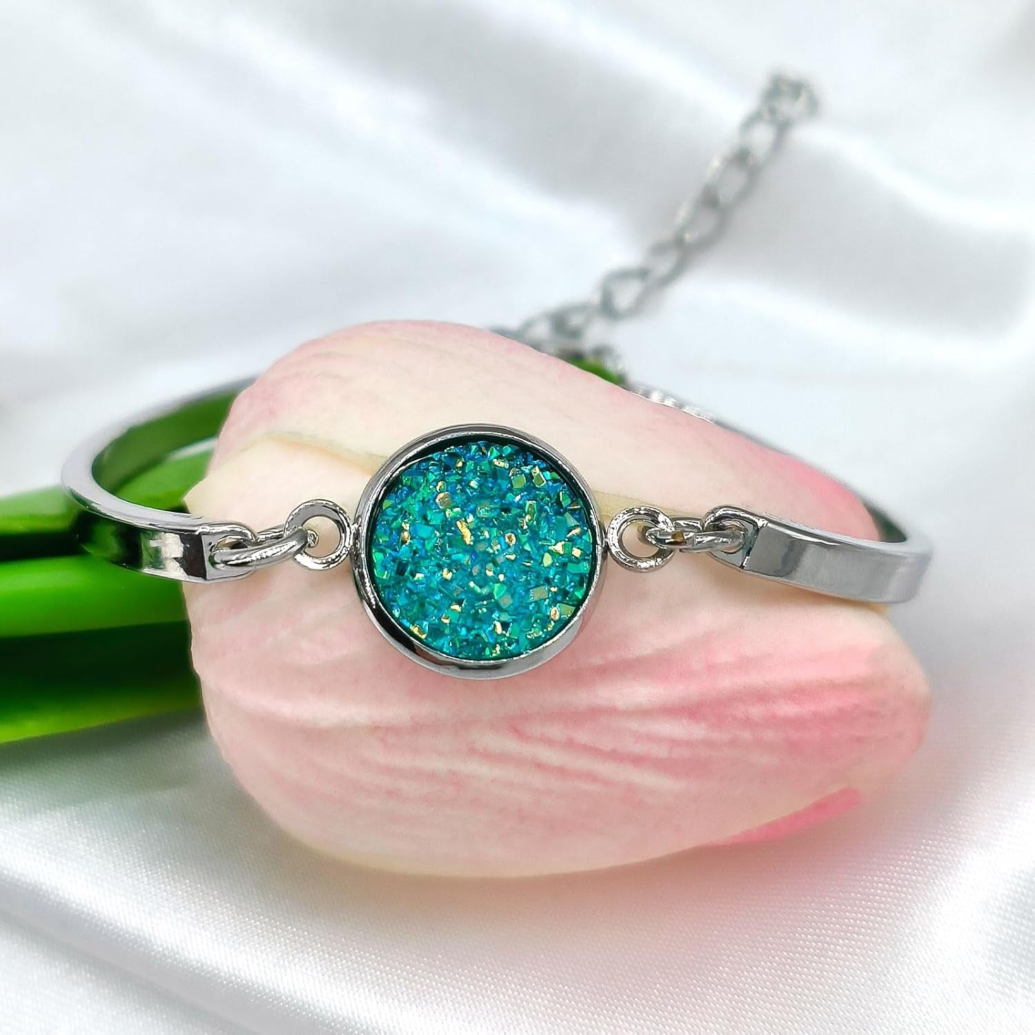 Adjustable Cuff Bangle Bracelet for Women,  Fake Druzy Gemstone Link Bracelet Silver Handmade Healing round Bracelets Boho Statement Bracelet Gifts for Her