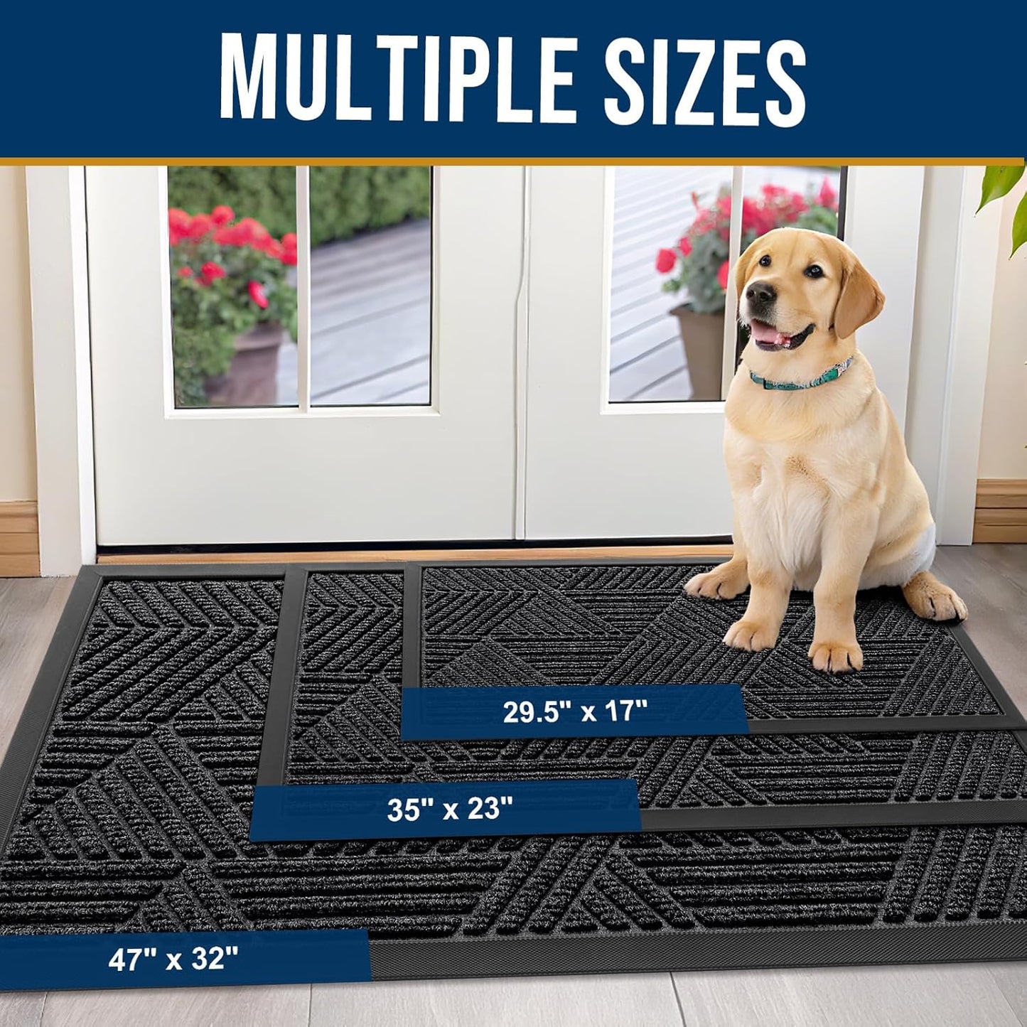 Front Door Mat outside Entrance, Sturdy Natural Dirt Trapper, Heavy Duty Rubber Doormat, Low Profile Non-Slip Backing, Easy Clean Floor Mat for Indoor Outdoor Entry, 29.5X17 Inch, Black