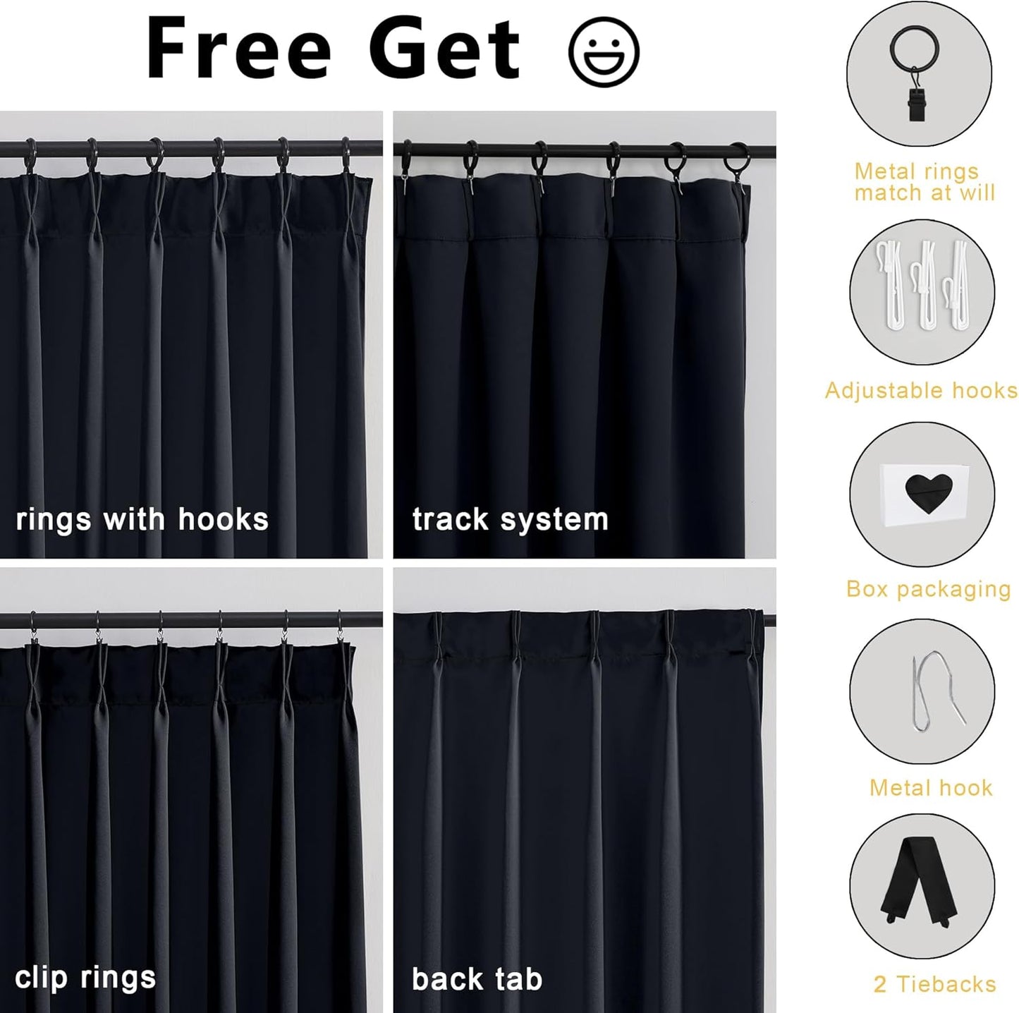 Black Short Black Out Pinch Pleated Curtains for Bedroom 54 Inches Long 2 Panels, Solid Curtains Thermal Insulated Energy Saving Window Treatment Curtains with Hooks, 42" W X 54" L