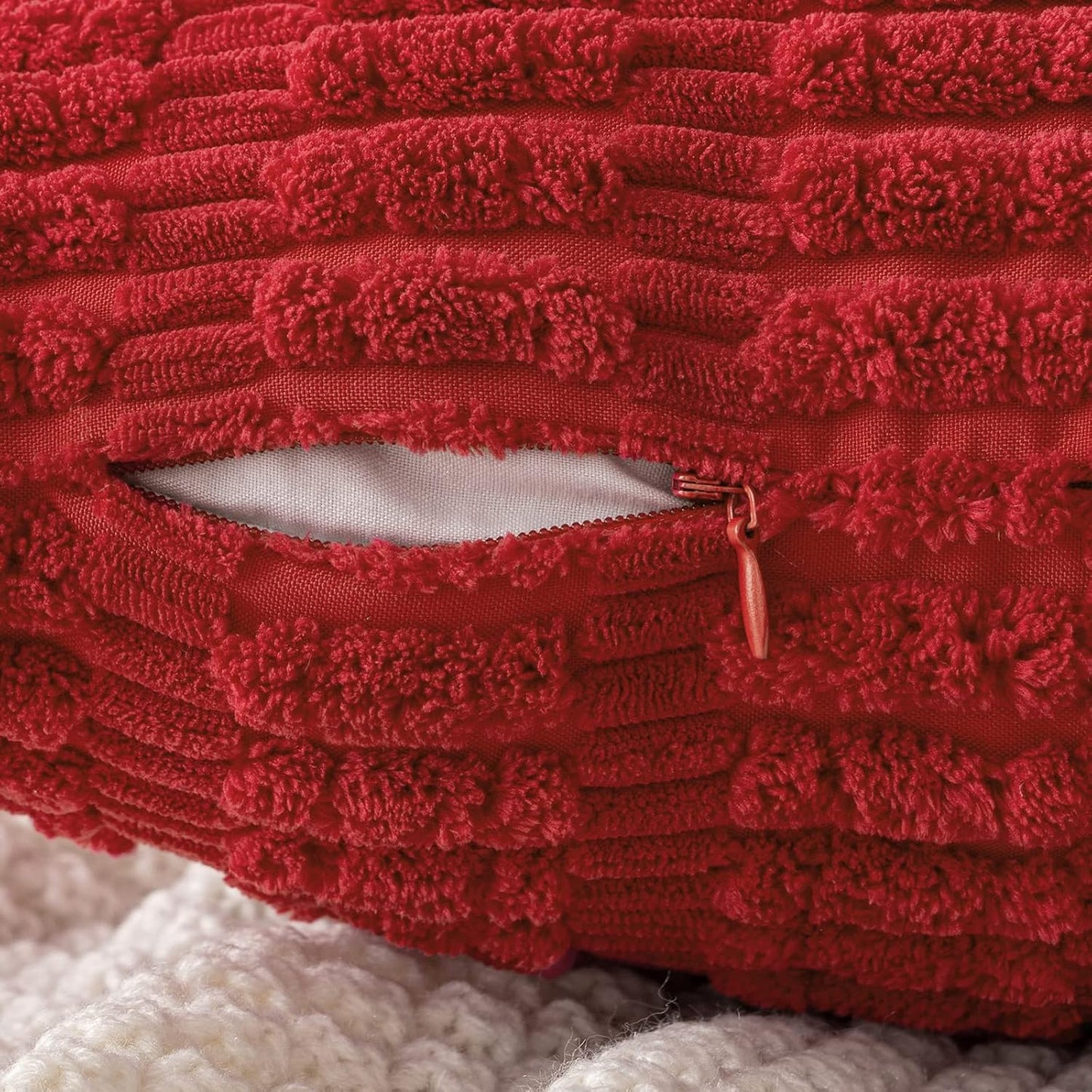 Pack of 2 Christmas Red Corduroy Decorative Pillow Covers 18X18 Inch Soft Boho Striped Throw Pillow Covers Modern Farmhouse Home Decor for Sofa Living Room Couch Bed