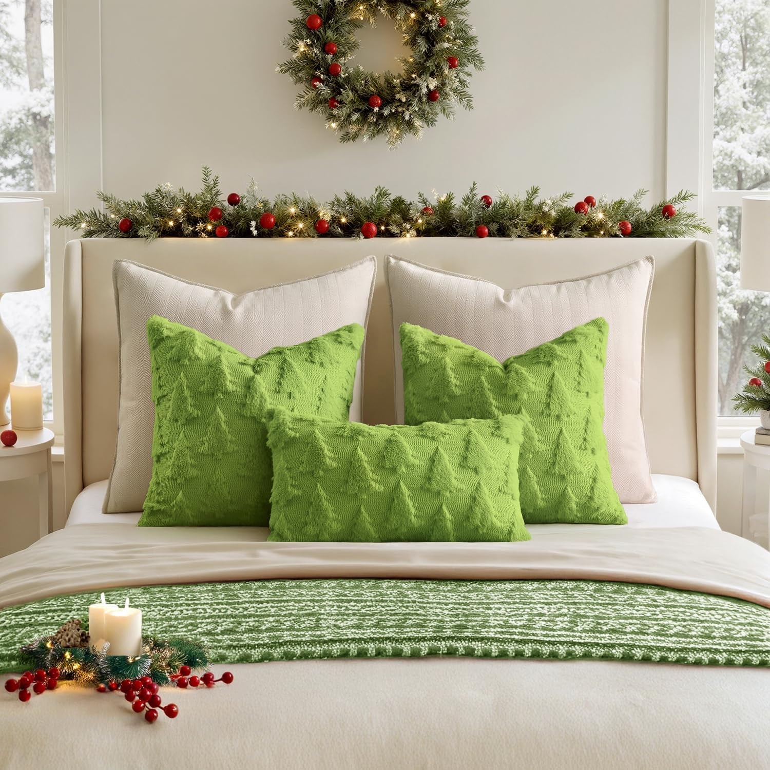 Christmas Throw Pillow Covers Green Christmas Decorations Set of 2 Xmas Tree 18X18 Pillow Covers Soft Plush Faux Wool Pillowcases Holiday Festivals Winter Home Decor Sofa Couch Bed Porch