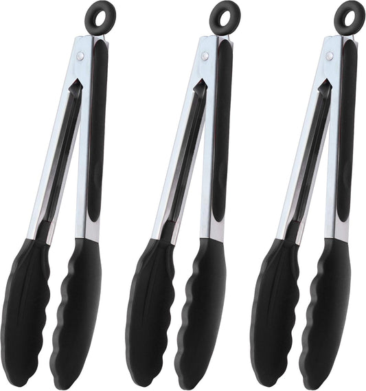 Serving Tongs 9-Inch Cooking Tongs with Silicone Tips, Set of 3 (Black)