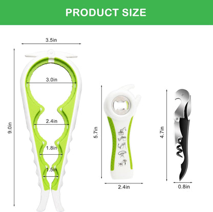 Jar Opener for Weak Hands, Seniors with Arthritis, 5 in 1 Multi Function Bottle Opener Lid Opener for Arthritic Hands with Corkscrew Wine Opener (Green)