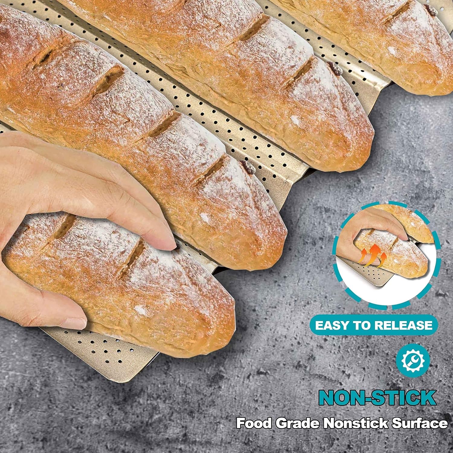 2 Pack Nonstick Perforated French Bread Baking Pan, 15"X 13" Premium Toast Mold for 4 Loaves Baguettes, French & Italian Bread Trays for Baking Loaf Bread, Ventilation & Heat Resistant (Gloden)