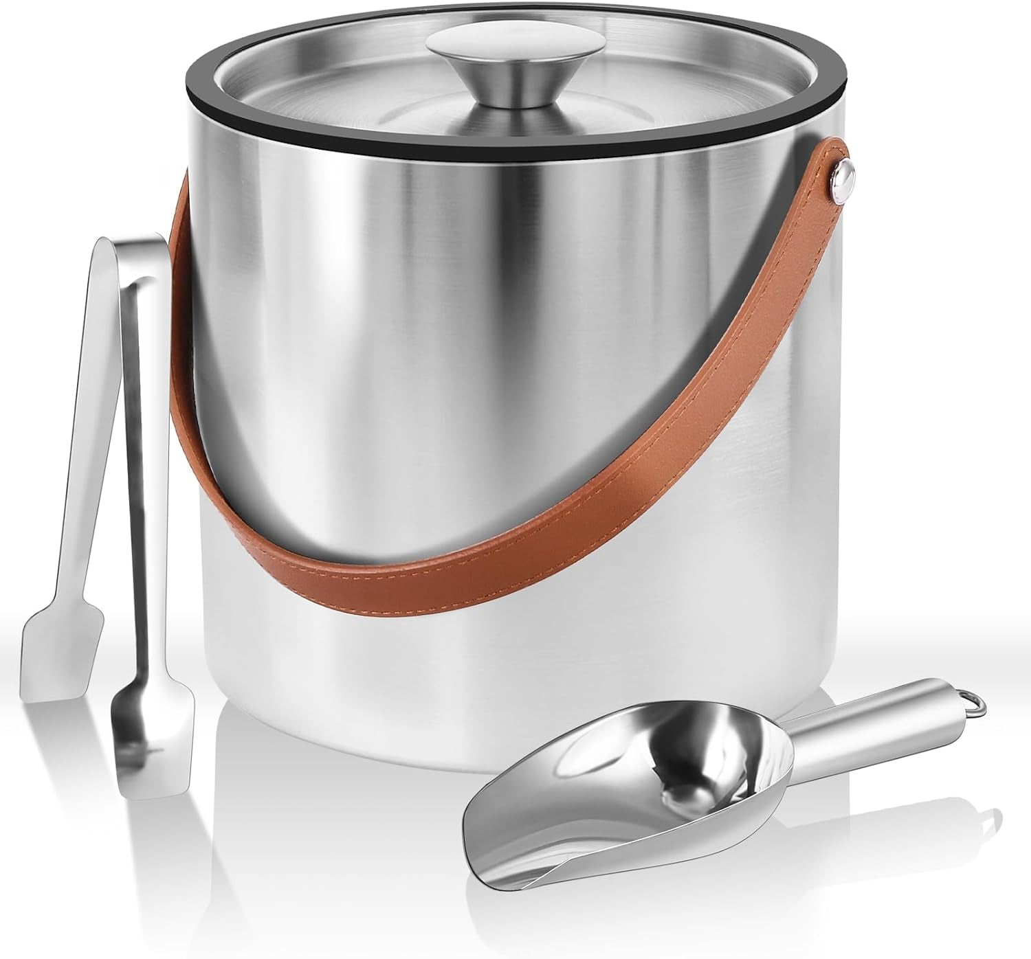 Double-Wall Vacuum Insulated Ice Bucket with Lid, Scoop, Ice Tong, Strainer & Leather Handle Keep Ice Frozen Longer Large Wine Ice Buckets for Cocktail Bar,Parties Chilling Beer Champagne 3L