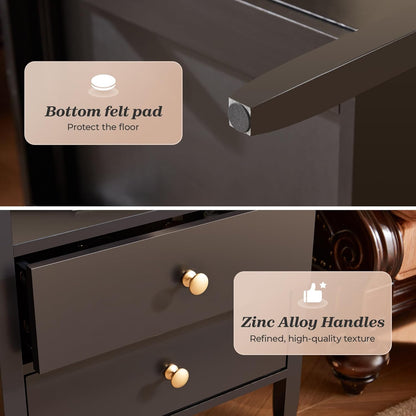 Modern Black Nightstand with Charging Station and Two Drawers, Stylish Bedside Table with Storage Solutions and Metal Knobs