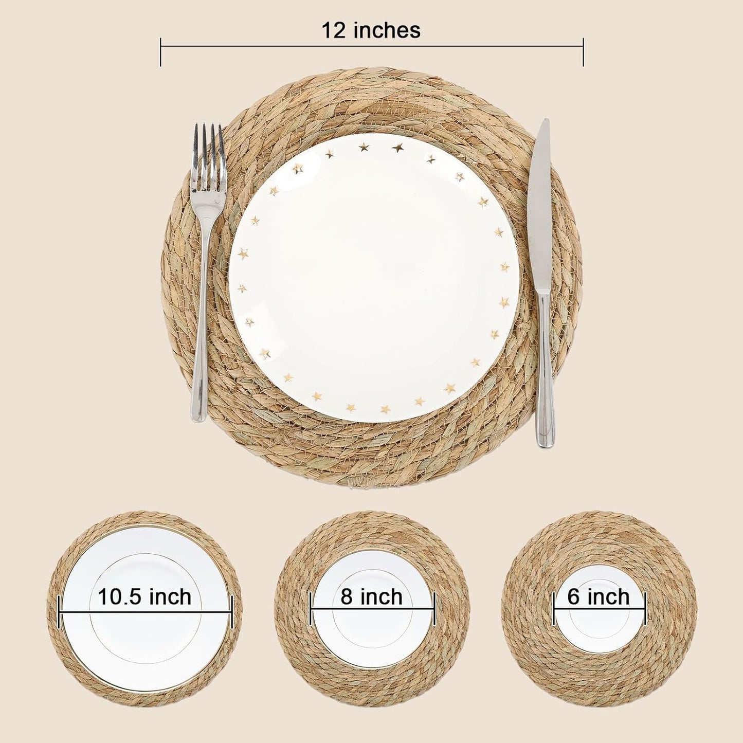 4 Pcs 12 Inch round Woven Placemats, Natural Rattan Braided Place Mats for Dining Table, Wicker Chargers Boho Rustic Farmhouse Heat Resistant Table Mats
