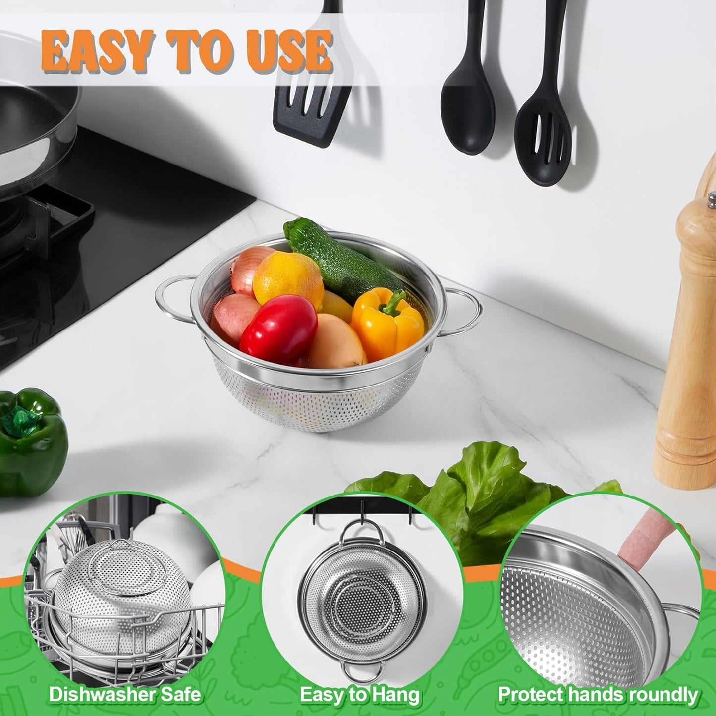 Colander Strainer Stainless Steel 3 Quart, Metal Micro-Perforated Colander for Kitchen Food, Ideal for Rinsing Washing Draining, Dishwasher Safe, Shiny Silver, 2PCS